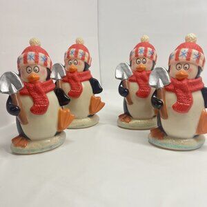 Vintage Christmas 9” Shovel Holding Penguin Blow Mold Light Topper Lot of 4